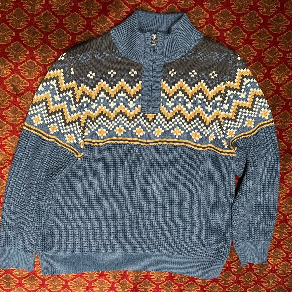 L.L. Bean Men's Blue and Yellow Patterned Half Zip Sweater